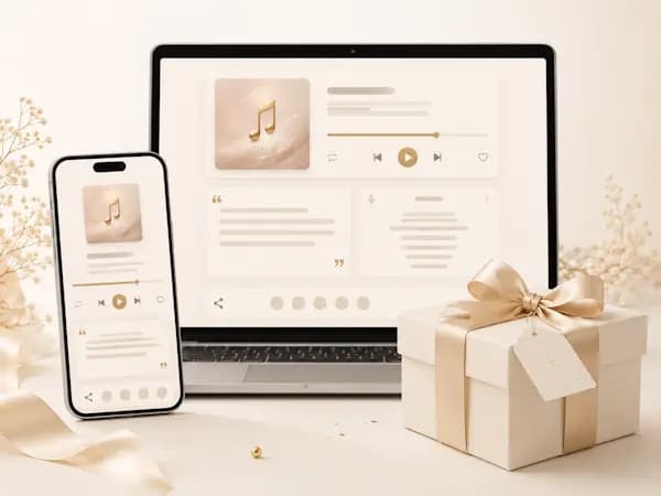 A gift page with the song on a phone and a laptop, next to a wrapped present