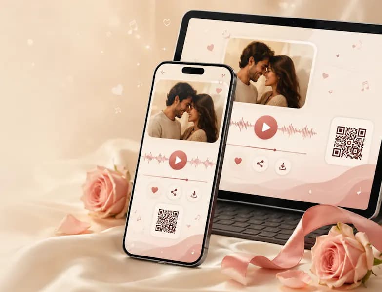A birthday gift page with the song, lyrics and a QR code on a phone and a laptop