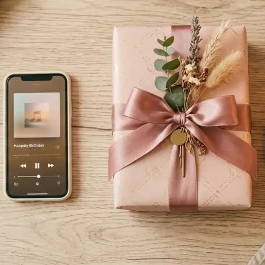 A phone playing a birthday song next to a wrapped present